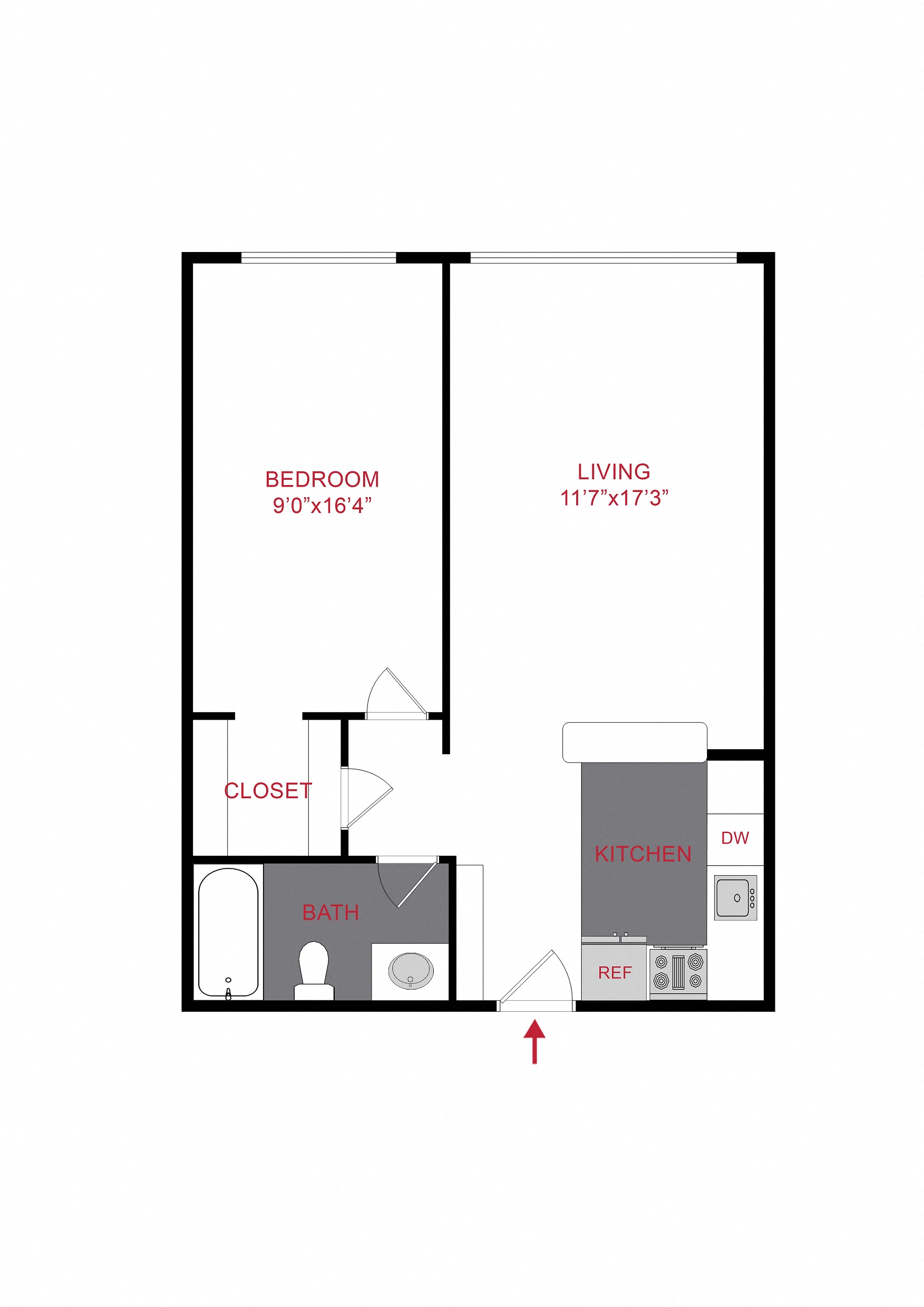 Floor plan for 1 bed, 1 bath, 560 sqft